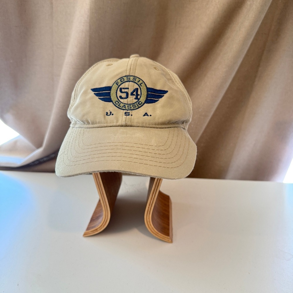 Fossil 54 Classic USA Winged Logo Snapback Hat Khaki Tan Cotton Baseball Cap